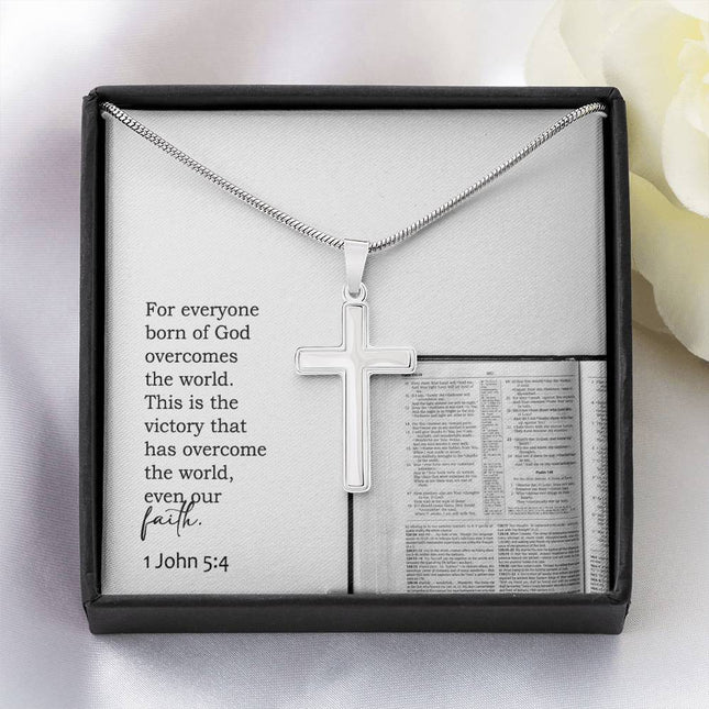 1 John 5:4 Cross Necklace | Faith Overcomes the World Gift