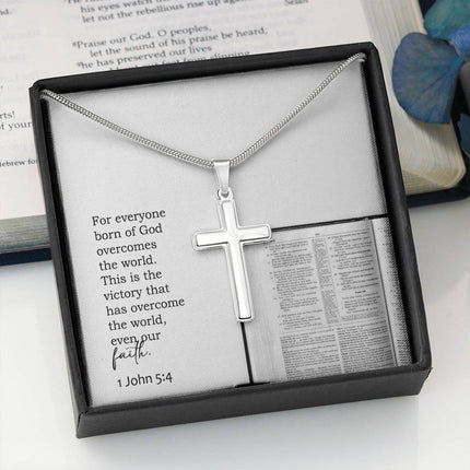 1 John 5:4 Cross Necklace | Faith Overcomes the World Gift