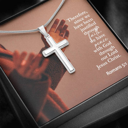 Romans 5:1 cross necklace on snake chain – “peace with God through faith” Christian jewelry gift