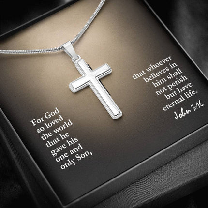 John 3:16 cross necklace on snake chain – “For God so loved the world” Christian jewelry gift