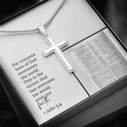 1 John 5:4 cross necklace on snake chain – “faith overcomes the world” Christian jewelry gift