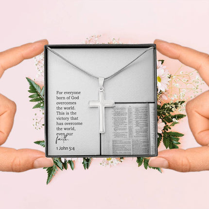 1 John 5:4 Cross Necklace | Faith Overcomes the World Gift