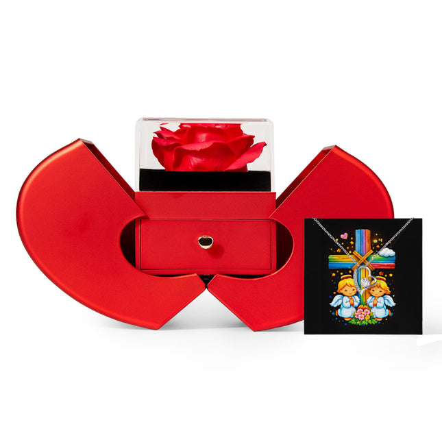 Rainbow Cross Angel Twins | Christian Heart Box Gift Box - Forever Love Necklace | Gift for Kids