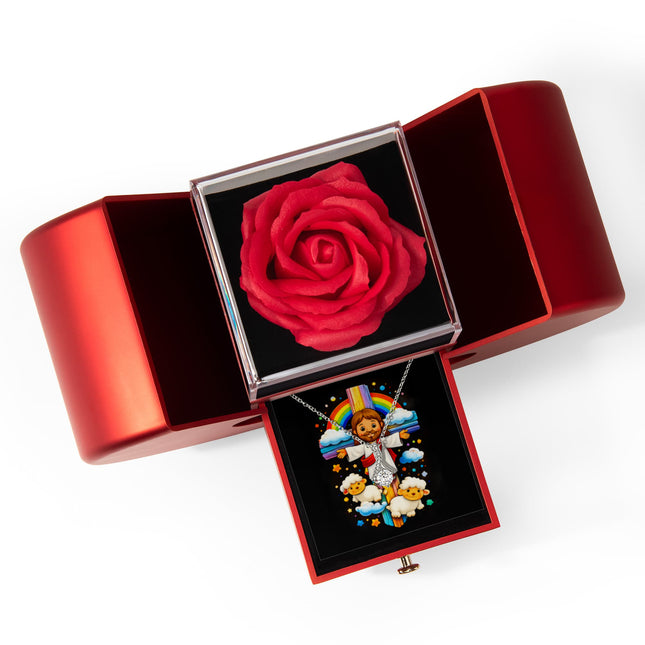 Rainbow Cross Jesus And Lamb | Christian Heart Box Gift Box - Alluring Beauty Necklace | Gift for Kids