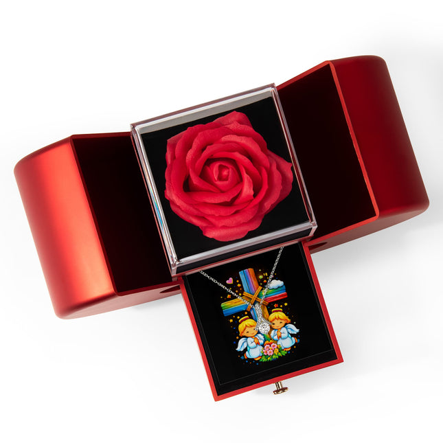 Rainbow Cross Angel Twins | Christian Heart Box Gift Box - Alluring Beauty Necklace | Gift for Kids