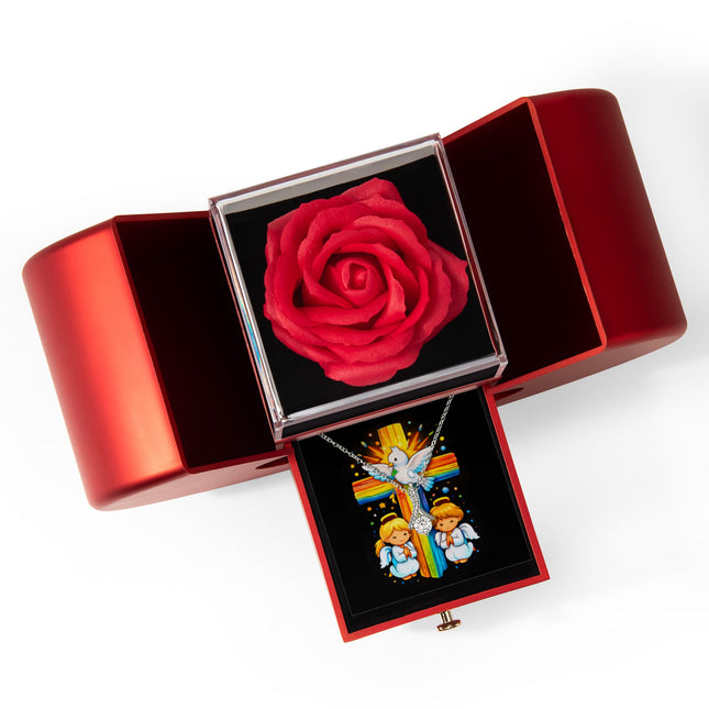 Rainbow Cross Angels And Dove | Christian Heart Box Gift Box - Alluring Beauty Necklace | Gift for Kids