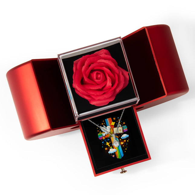 Rainbow Cross Open Bible | Christian Heart Box Gift Box - Alluring Beauty Necklace | Gift for Kids