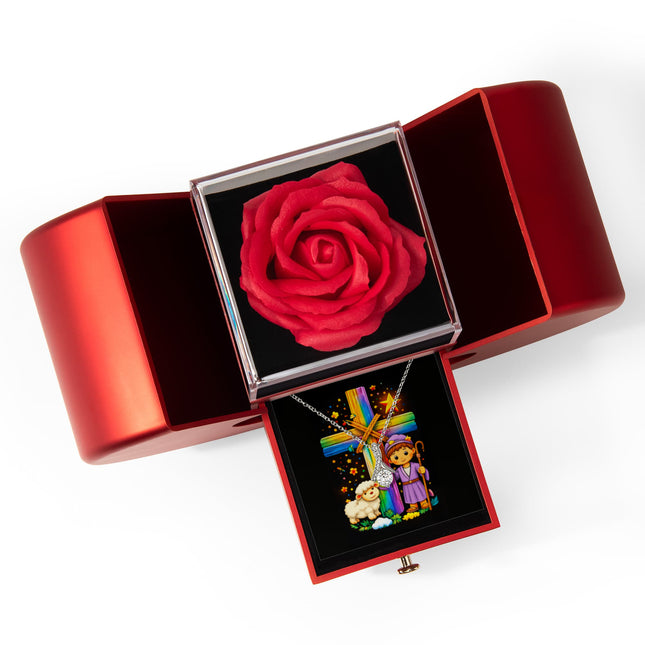 Rainbow Cross Little Shepherd | Christian Heart Box Gift Box - Alluring Beauty Necklace | Gift for Kids