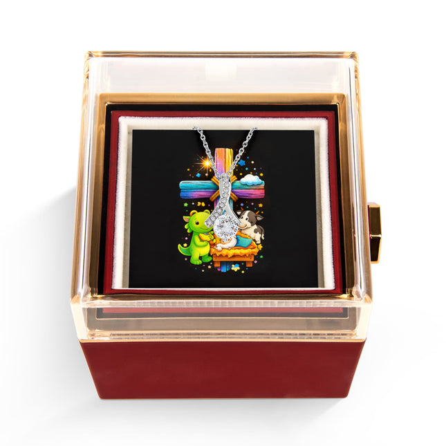 Rainbow Cross Frog And Cow | Christian Rose Gift Box - Alluring Beauty Necklace | Gift for Kids