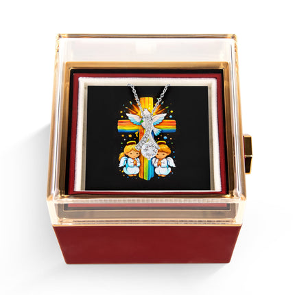 Rainbow Cross Angels And Dove | Christian Rose Gift Box - Alluring Beauty Necklace | Gift for Kids