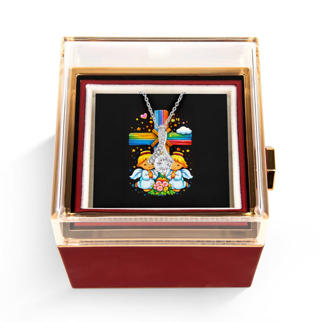Rainbow Cross Angel Twins | Christian Rose Gift Box - Alluring Beauty Necklace | Gift for Kids