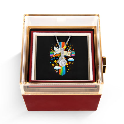 Rainbow Cross Open Bible | Christian Rose Gift Box - Alluring Beauty Necklace | Gift for Kids