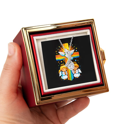 Rainbow Cross Angels And Dove | Christian Rose Gift Box - Alluring Beauty Necklace | Gift for Kids