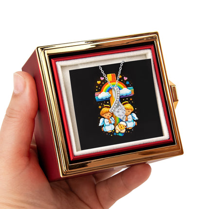 Rainbow Cross Cherub Angels | Christian Rose Gift Box - Alluring Beauty Necklace | Gift for Kids