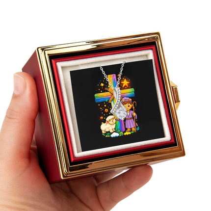 Rainbow Cross Little Shepherd | Christian Rose Gift Box - Alluring Beauty Necklace | Gift for Kids