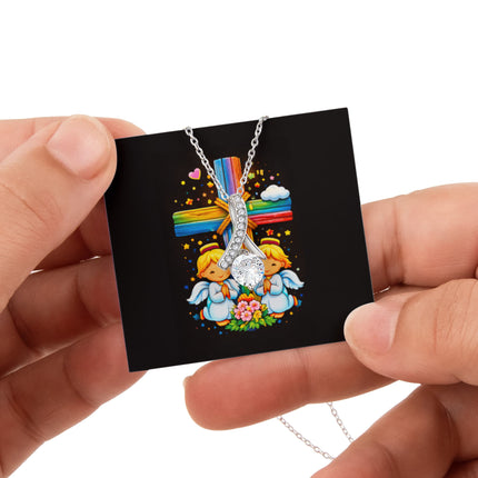Rainbow Cross Angel Twins | Christian Rose Gift Box - Alluring Beauty Necklace | Gift for Kids