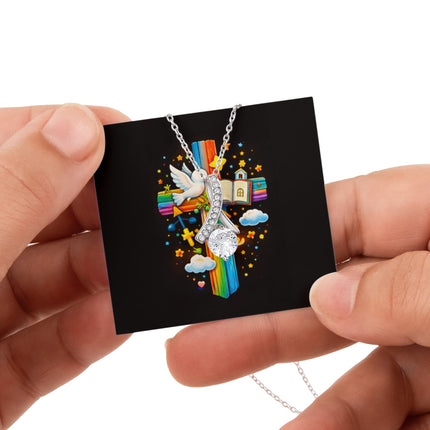 Rainbow Cross Open Bible | Christian Rose Gift Box - Alluring Beauty Necklace | Gift for Kids