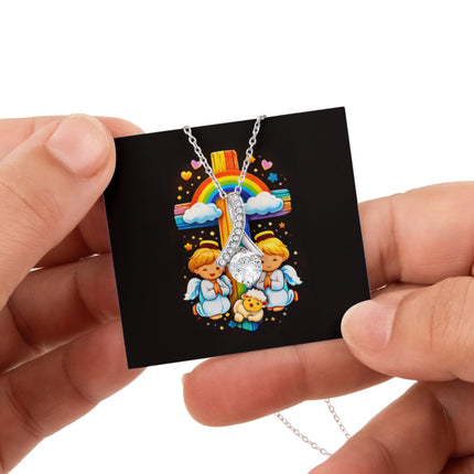 Rainbow Cross Cherub Angels | Christian Rose Gift Box - Alluring Beauty Necklace | Gift for Kids