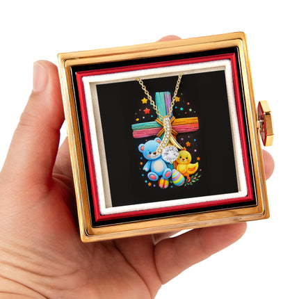 Rainbow Cross Teddy Bear | Christian Rose Gift Box - Alluring Beauty Necklace | Gift for Kids