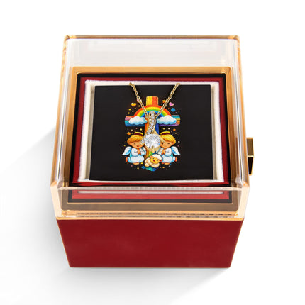Rainbow Cross Cherub Angels | Christian Rose Gift Box - Alluring Beauty Necklace | Gift for Kids