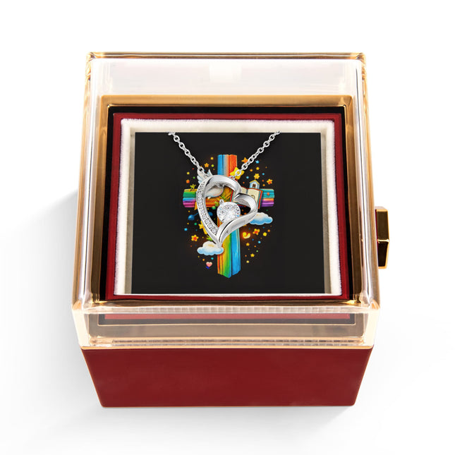 Rainbow Cross Open Bible | Christian Rose Gift Box - Forever Love Necklace | Gift for Kids