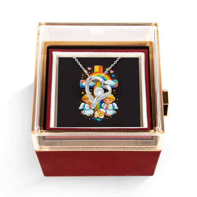 Rainbow Cross Cherub Angels | Christian Rose Gift Box - Forever Love Necklace | Gift for Kids