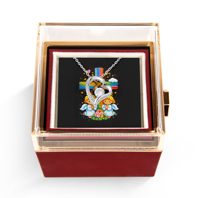 Rainbow Cross Angel Twins | Christian Rose Gift Box - Forever Love Necklace | Gift for Kids