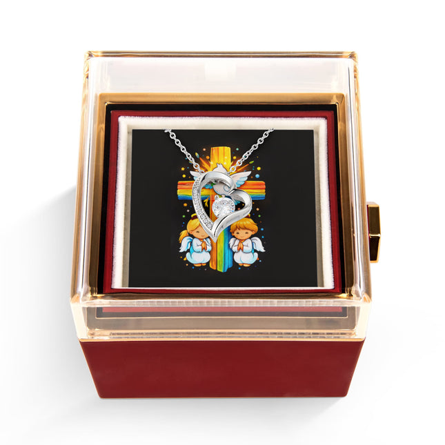 Rainbow Cross Angels And Dove | Christian Rose Gift Box - Forever Love Necklace | Gift for Kids