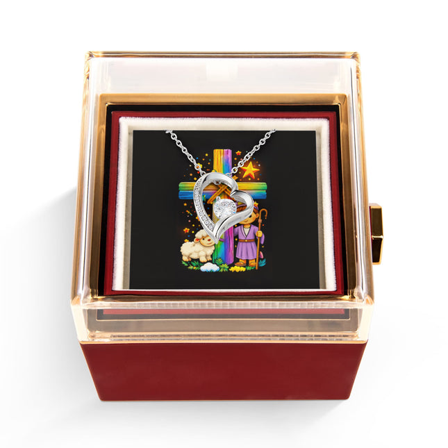 Rainbow Cross Little Shepherd | Christian Rose Gift Box - Forever Love Necklace | Gift for Kids
