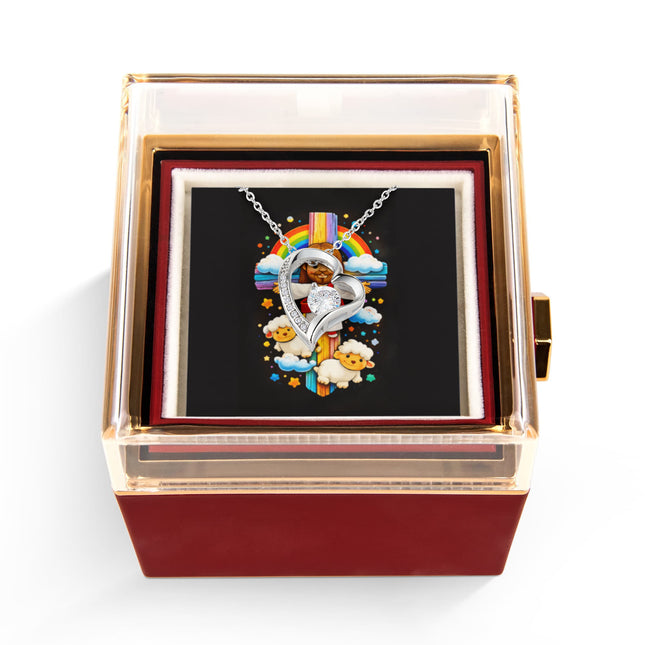 Rainbow Cross Jesus And Lamb | Christian Rose Gift Box - Forever Love Necklace | Gift for Kids
