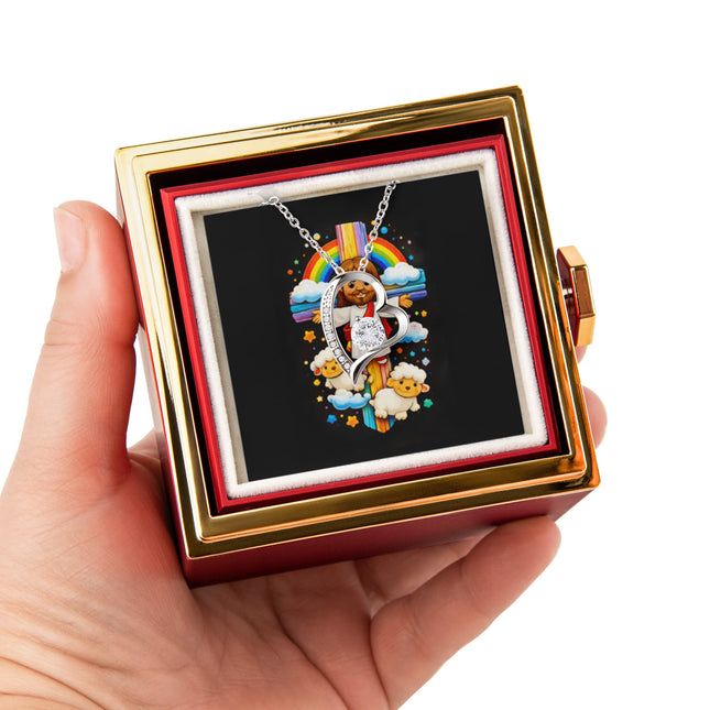 Rainbow Cross Jesus And Lamb | Christian Rose Gift Box - Forever Love Necklace | Gift for Kids