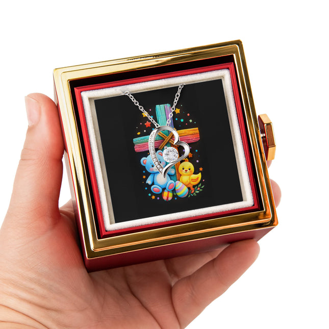Rainbow Cross Teddy Bear | Christian Rose Gift Box - Forever Love Necklace | Gift for Kids