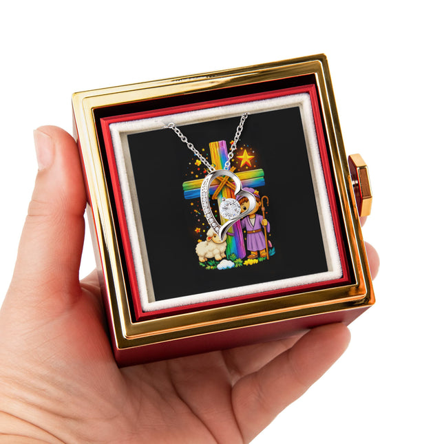 Rainbow Cross Little Shepherd | Christian Rose Gift Box - Forever Love Necklace | Gift for Kids