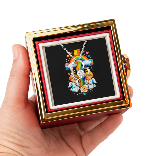 Rainbow Cross Cherub Angels | Christian Rose Gift Box - Forever Love Necklace | Gift for Kids