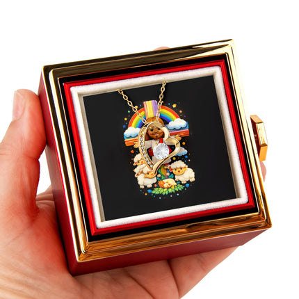Jesus And Little Lambs | Christian Rose Gift Box - Forever Love Necklace | Gift for Kids