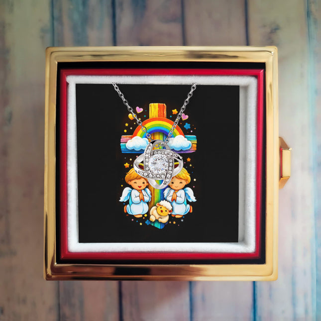 Rainbow Cross Cherub Angels | Christian Rose Gift Box - Love Knot Necklace | Gift for Kids