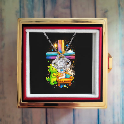 Rainbow Cross Frog And Cow | Christian Rose Gift Box - Love Knot Necklace | Gift for Kids