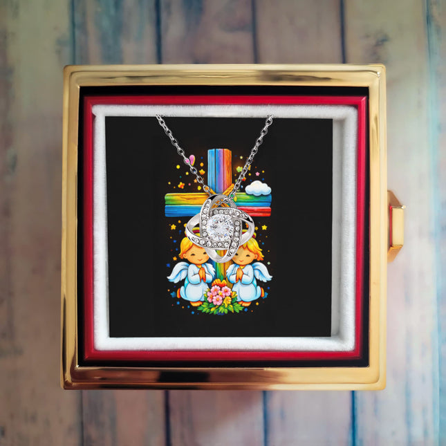 Rainbow Cross Angel Twins | Christian Rose Gift Box - Love Knot Necklace | Gift for Kids