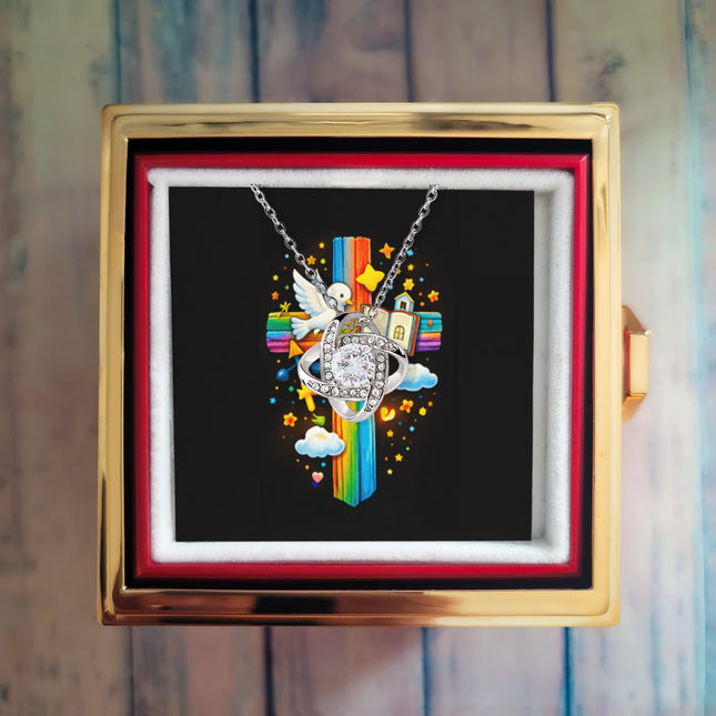 Rainbow Cross Open Bible | Christian Rose Gift Box - Love Knot Necklace | Gift for Kids