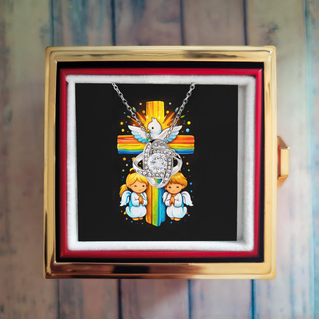 Rainbow Cross Angels And Dove | Christian Rose Gift Box - Love Knot Necklace | Gift for Kids