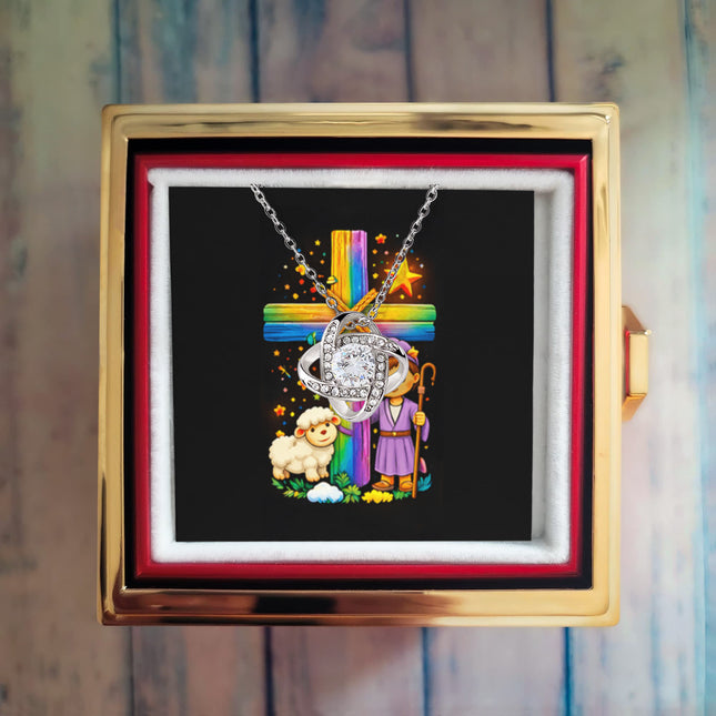 Rainbow Cross Little Shepherd | Christian Rose Gift Box - Love Knot Necklace | Gift for Kids