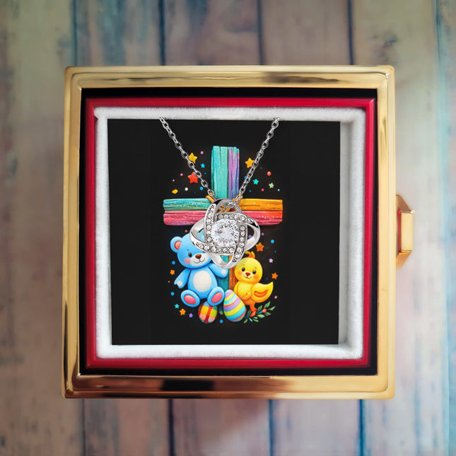 Rainbow Cross Teddy Bear | Christian Rose Gift Box - Love Knot Necklace | Gift for Kids