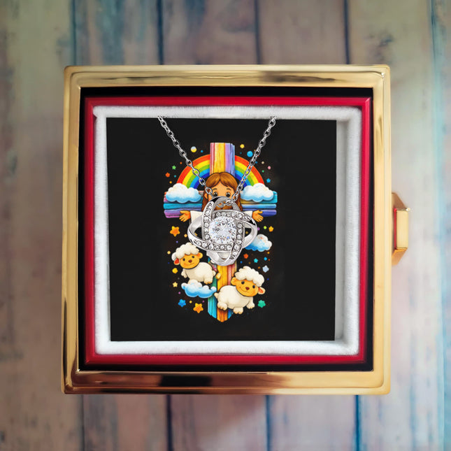 Rainbow Cross Jesus And Lamb | Christian Rose Gift Box - Love Knot Necklace | Gift for Kids