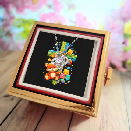 Rainbow Cross Little Fox | Christian Rose Gift Box - Love Knot Necklace | Gift for Kids