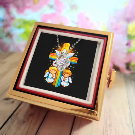 Rainbow Cross Angels And Dove | Christian Rose Gift Box - Love Knot Necklace | Gift for Kids