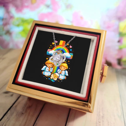 Rainbow Cross Cherub Angels | Christian Rose Gift Box - Love Knot Necklace | Gift for Kids