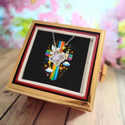 Rainbow Cross Open Bible | Christian Rose Gift Box - Love Knot Necklace | Gift for Kids