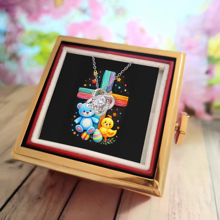 Rainbow Cross Teddy Bear | Christian Rose Gift Box - Love Knot Necklace | Gift for Kids