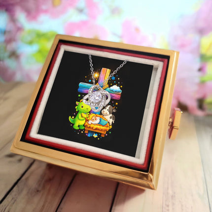 Rainbow Cross Frog And Cow | Christian Rose Gift Box - Love Knot Necklace | Gift for Kids