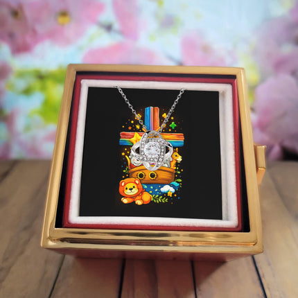 Rainbow Cross Noahs Ark | Christian Rose Gift Box - Love Knot Necklace | Gift for Kids